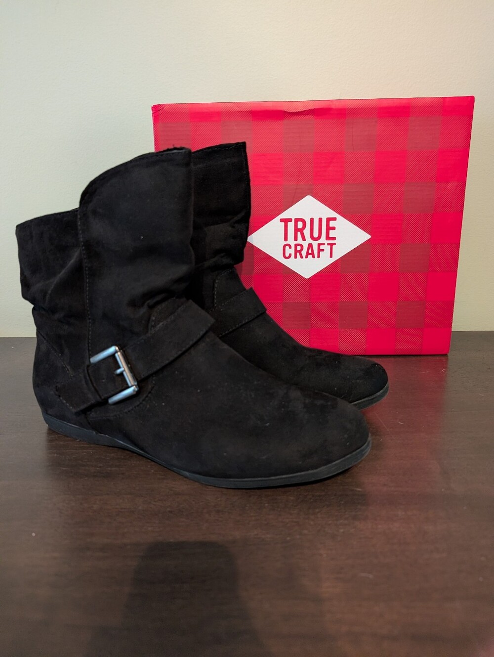 True Craft Black Suede Mid-Calf Buckle Ankle Boots